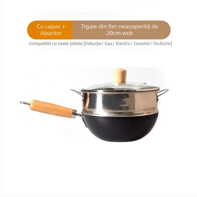 Oală mică de fier, 20 cm, în stil japonez, mini oală plată de uz casnic, neacoperită, cu aragaz cu inducție, potrivită pentru wok mic