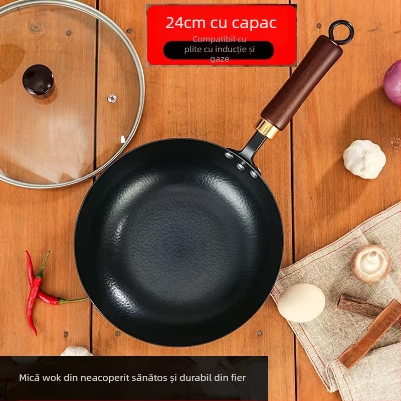 Oală mică de fier, 20 cm, în stil japonez, mini oală plată de uz casnic, neacoperită, cu aragaz cu inducție, potrivită pentru wok mic