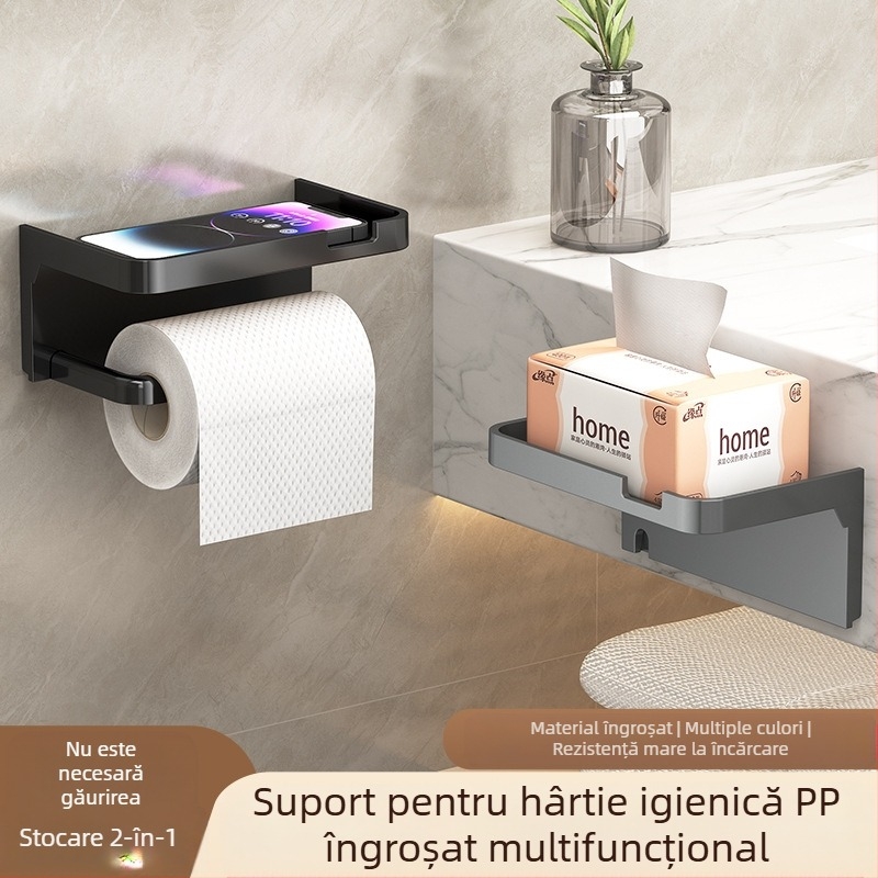 Suport pentru role de hârtie igienică transfrontalieră, îngroșat, gri închis, fără perforații, suport pentru prosoape de hârtie igienică, suport pentru depozitarea telefonului mobil