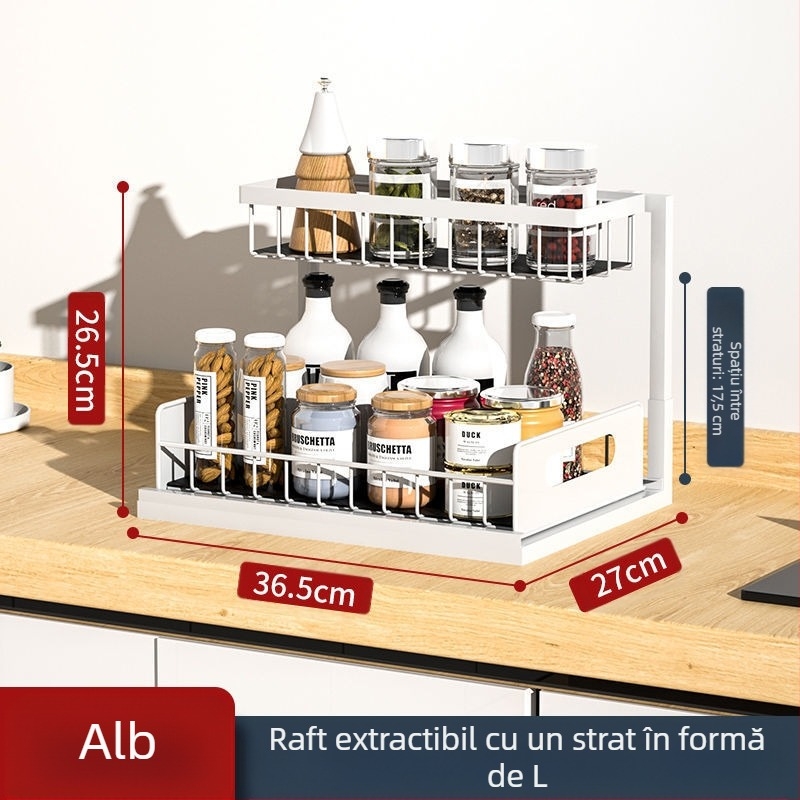 Raft de depozitare pentru chiuvetă mică, îngust, cu strat dublu, extensibil, pentru chiuvetă inferioară, raft de depozitare pentru condimente