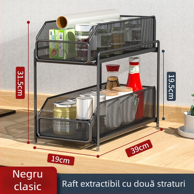 Raft de depozitare pentru chiuvetă mică, îngust, cu strat dublu, extensibil, pentru chiuvetă inferioară, raft de depozitare pentru condimente