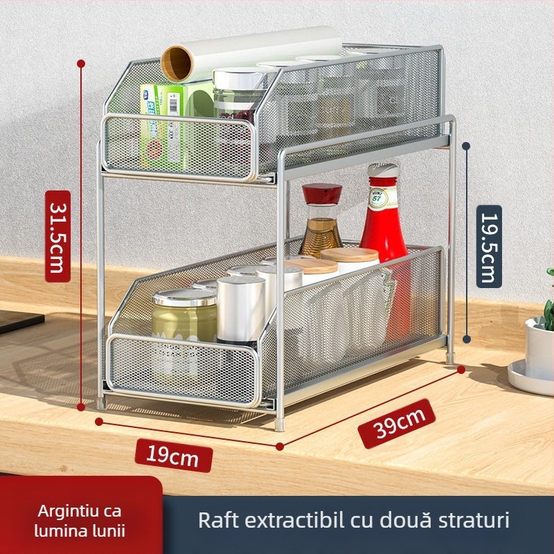 Raft de depozitare pentru chiuvetă mică, îngust, cu strat dublu, extensibil, pentru chiuvetă inferioară, raft de depozitare pentru condimente