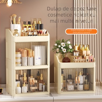 Cutie de depozitare pentru cosmetice pliabilă cu ușă dublă, albă, cutie de depozitare multistrat pentru papetărie, raft de depozitare pentru produse de îngrijire a pielii de uz casnic, rezistentă la praf