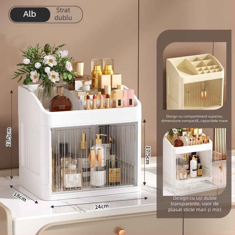 Cutie de depozitare pentru cosmetice pliabilă cu ușă dublă, albă, cutie de depozitare multistrat pentru papetărie, raft de depozitare pentru produse de îngrijire a pielii de uz casnic, rezistentă la praf
