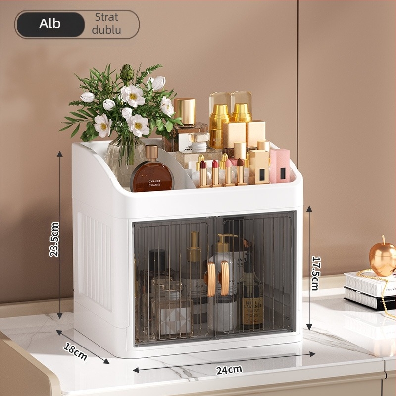 Cutie de depozitare pentru cosmetice pliabilă cu ușă dublă, albă, cutie de depozitare multistrat pentru papetărie, raft de depozitare pentru produse de îngrijire a pielii de uz casnic, rezistentă la praf