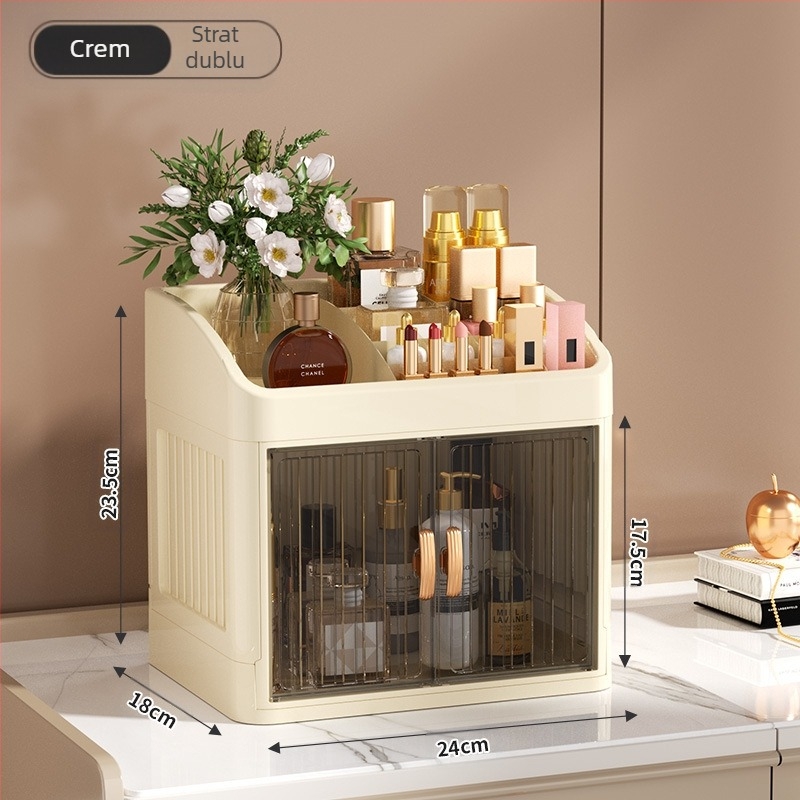 Cutie de depozitare pentru cosmetice pliabilă cu ușă dublă, albă, cutie de depozitare multistrat pentru papetărie, raft de depozitare pentru produse de îngrijire a pielii de uz casnic, rezistentă la praf