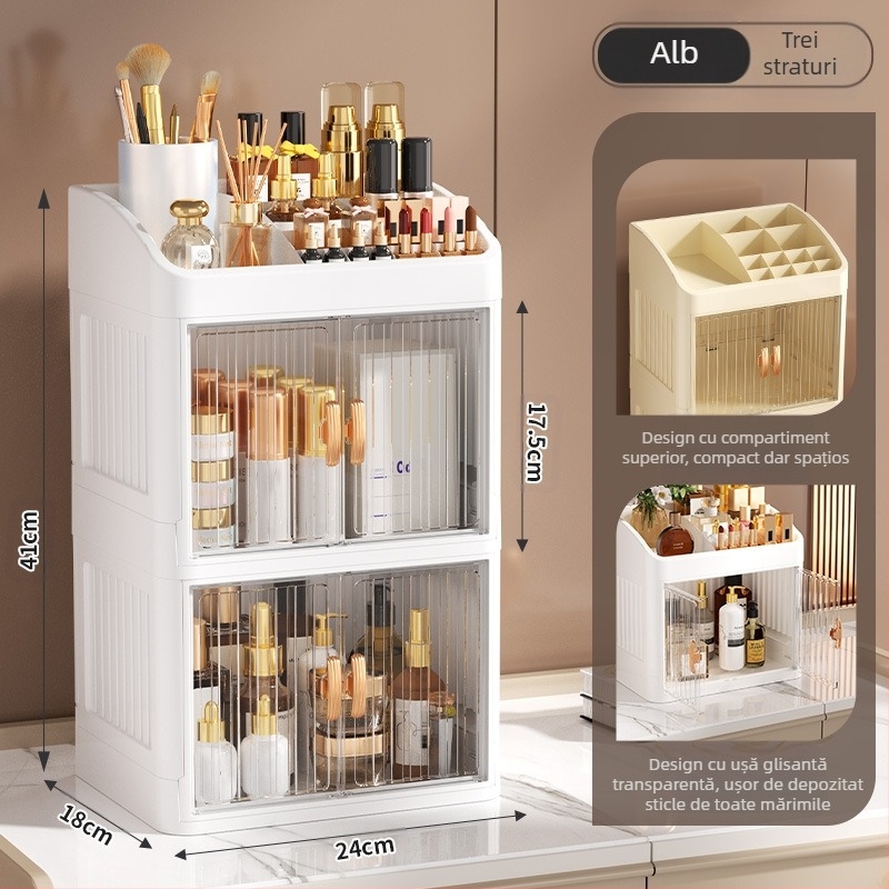 Cutie de depozitare pentru cosmetice pliabilă cu ușă dublă, albă, cutie de depozitare multistrat pentru papetărie, raft de depozitare pentru produse de îngrijire a pielii de uz casnic, rezistentă la praf