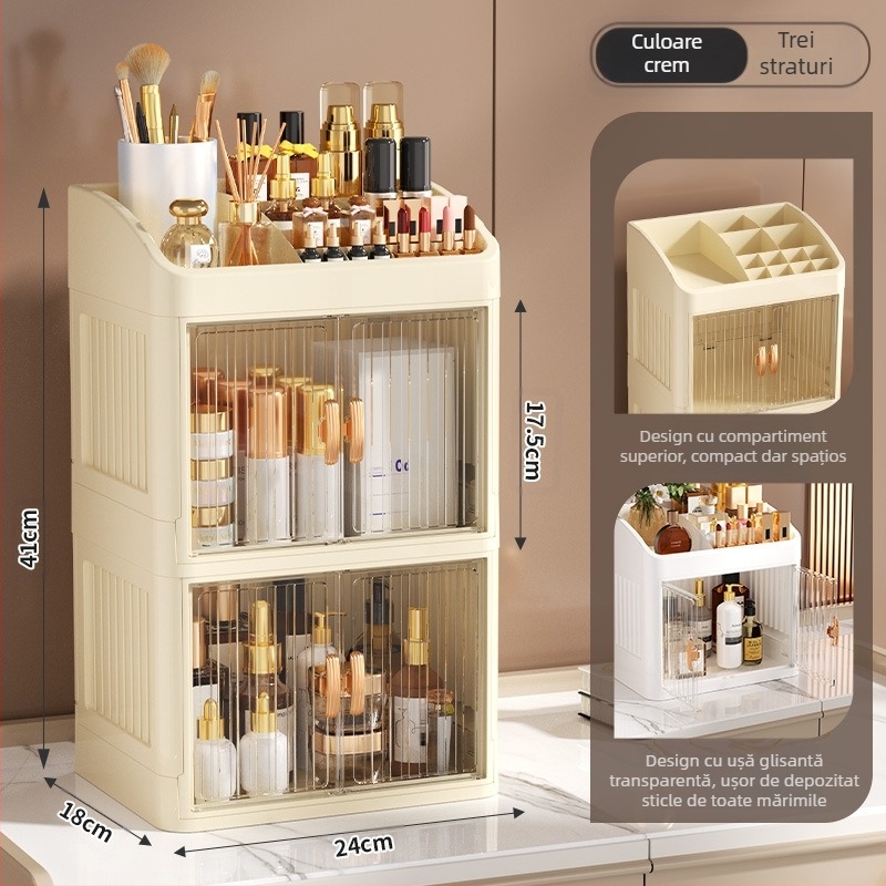 Cutie de depozitare pentru cosmetice pliabilă cu ușă dublă, albă, cutie de depozitare multistrat pentru papetărie, raft de depozitare pentru produse de îngrijire a pielii de uz casnic, rezistentă la praf