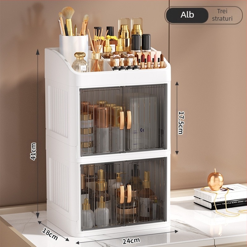 Cutie de depozitare pentru cosmetice pliabilă cu ușă dublă, albă, cutie de depozitare multistrat pentru papetărie, raft de depozitare pentru produse de îngrijire a pielii de uz casnic, rezistentă la praf