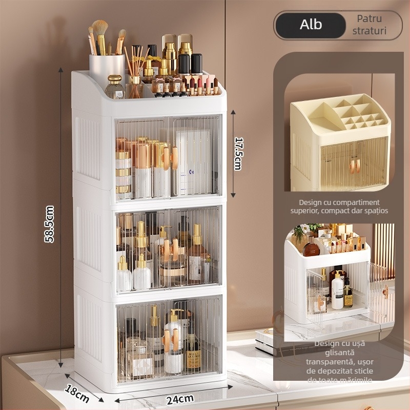 Cutie de depozitare pentru cosmetice pliabilă cu ușă dublă, albă, cutie de depozitare multistrat pentru papetărie, raft de depozitare pentru produse de îngrijire a pielii de uz casnic, rezistentă la praf