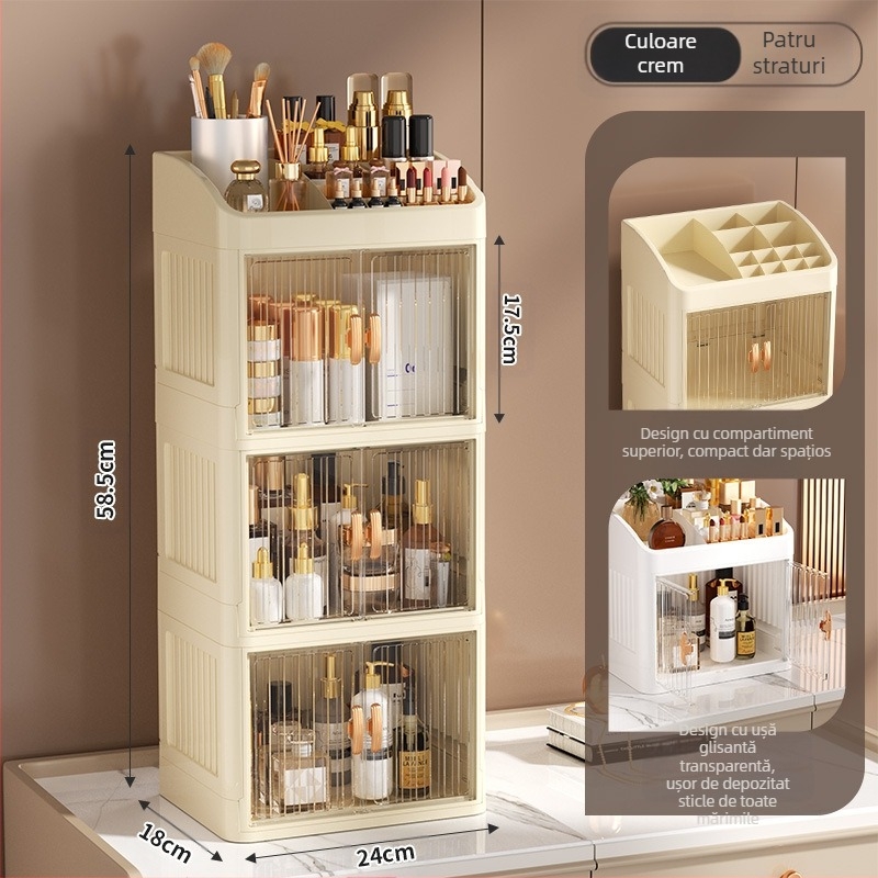 Cutie de depozitare pentru cosmetice pliabilă cu ușă dublă, albă, cutie de depozitare multistrat pentru papetărie, raft de depozitare pentru produse de îngrijire a pielii de uz casnic, rezistentă la praf