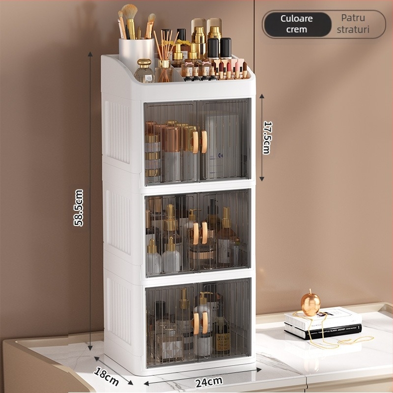 Cutie de depozitare pentru cosmetice pliabilă cu ușă dublă, albă, cutie de depozitare multistrat pentru papetărie, raft de depozitare pentru produse de îngrijire a pielii de uz casnic, rezistentă la praf