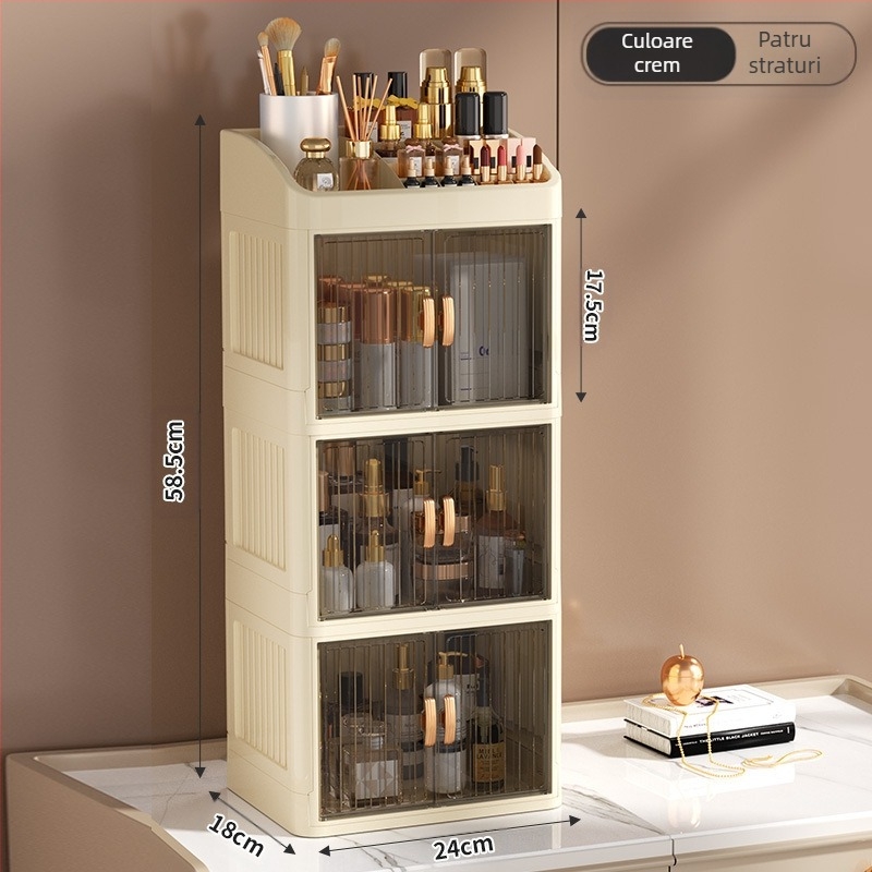 Cutie de depozitare pentru cosmetice pliabilă cu ușă dublă, albă, cutie de depozitare multistrat pentru papetărie, raft de depozitare pentru produse de îngrijire a pielii de uz casnic, rezistentă la praf