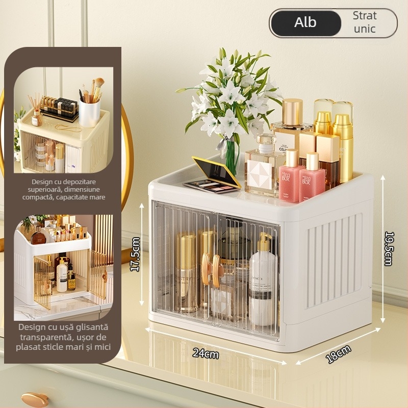 Cutie de depozitare pentru cosmetice pliabilă cu ușă dublă, albă, cutie de depozitare multistrat pentru papetărie, raft de depozitare pentru produse de îngrijire a pielii de uz casnic, rezistentă la praf