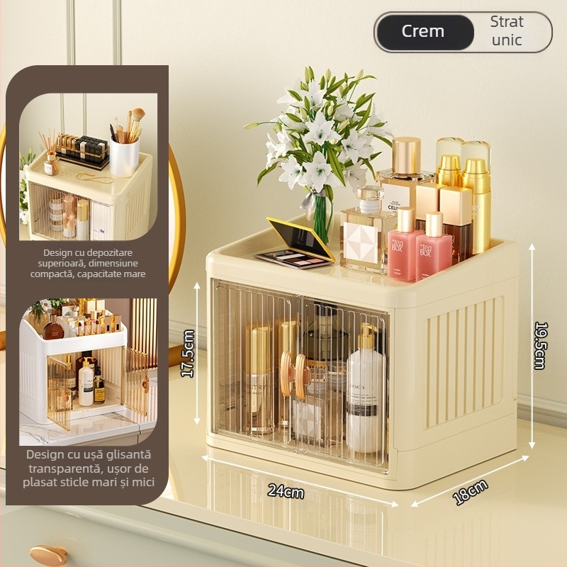 Cutie de depozitare pentru cosmetice pliabilă cu ușă dublă, albă, cutie de depozitare multistrat pentru papetărie, raft de depozitare pentru produse de îngrijire a pielii de uz casnic, rezistentă la praf