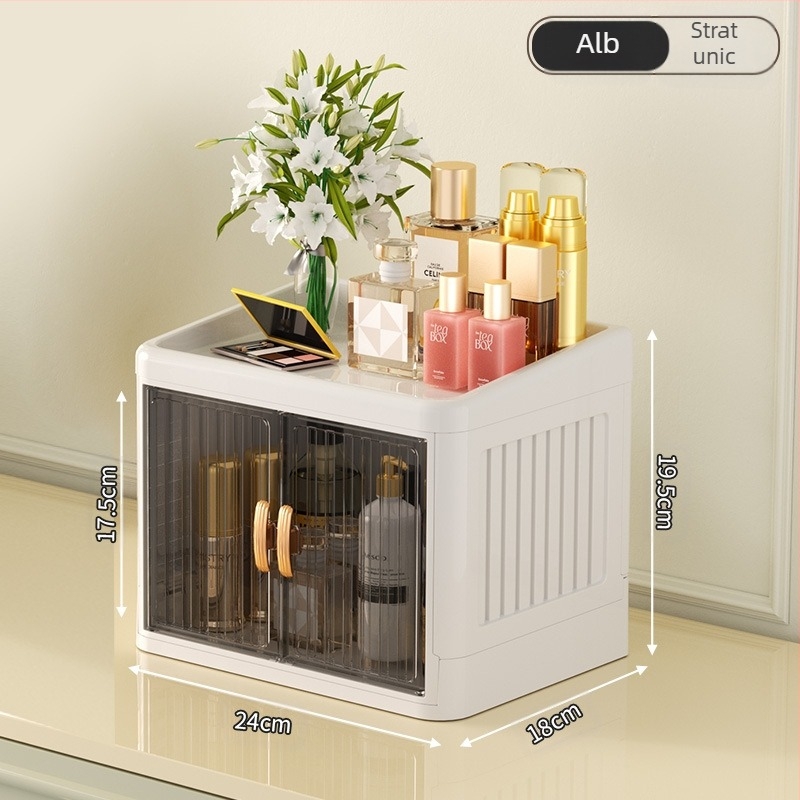 Cutie de depozitare pentru cosmetice pliabilă cu ușă dublă, albă, cutie de depozitare multistrat pentru papetărie, raft de depozitare pentru produse de îngrijire a pielii de uz casnic, rezistentă la praf