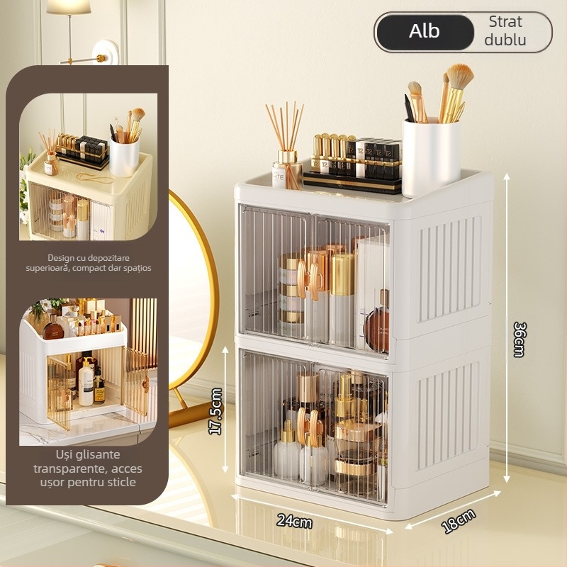 Cutie de depozitare pentru cosmetice pliabilă cu ușă dublă, albă, cutie de depozitare multistrat pentru papetărie, raft de depozitare pentru produse de îngrijire a pielii de uz casnic, rezistentă la praf