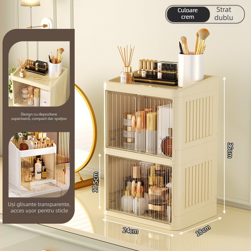 Cutie de depozitare pentru cosmetice pliabilă cu ușă dublă, albă, cutie de depozitare multistrat pentru papetărie, raft de depozitare pentru produse de îngrijire a pielii de uz casnic, rezistentă la praf