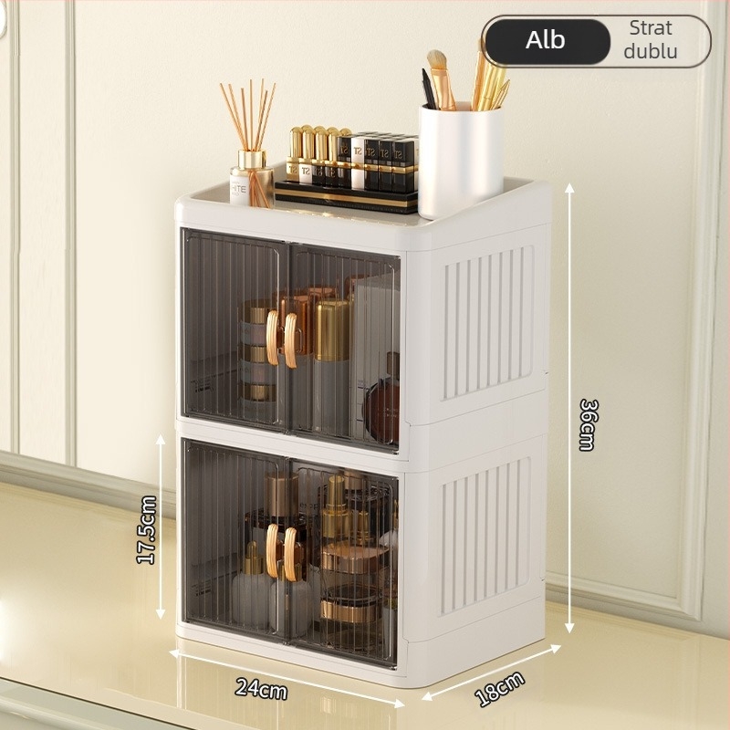 Cutie de depozitare pentru cosmetice pliabilă cu ușă dublă, albă, cutie de depozitare multistrat pentru papetărie, raft de depozitare pentru produse de îngrijire a pielii de uz casnic, rezistentă la praf