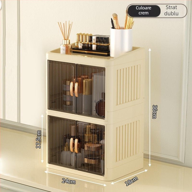 Cutie de depozitare pentru cosmetice pliabilă cu ușă dublă, albă, cutie de depozitare multistrat pentru papetărie, raft de depozitare pentru produse de îngrijire a pielii de uz casnic, rezistentă la praf