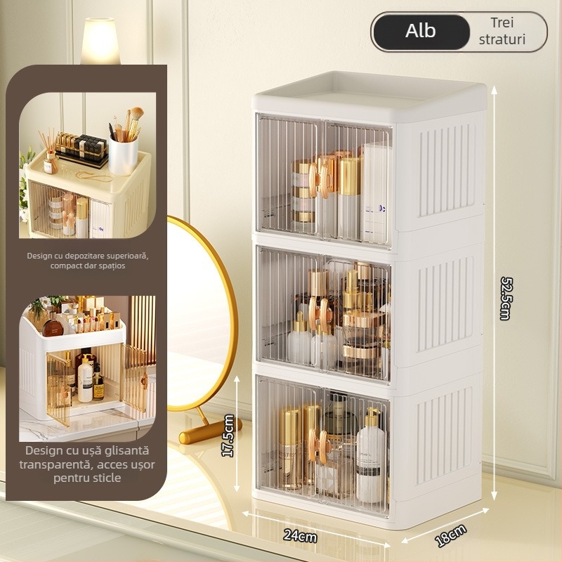 Cutie de depozitare pentru cosmetice pliabilă cu ușă dublă, albă, cutie de depozitare multistrat pentru papetărie, raft de depozitare pentru produse de îngrijire a pielii de uz casnic, rezistentă la praf
