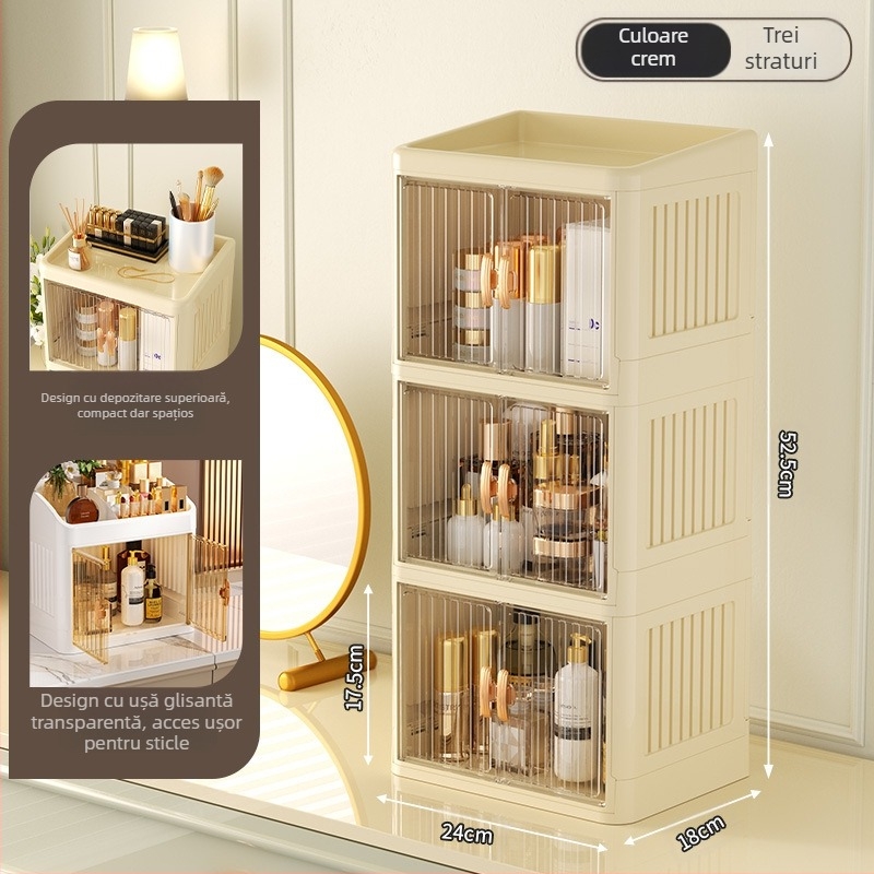 Cutie de depozitare pentru cosmetice pliabilă cu ușă dublă, albă, cutie de depozitare multistrat pentru papetărie, raft de depozitare pentru produse de îngrijire a pielii de uz casnic, rezistentă la praf