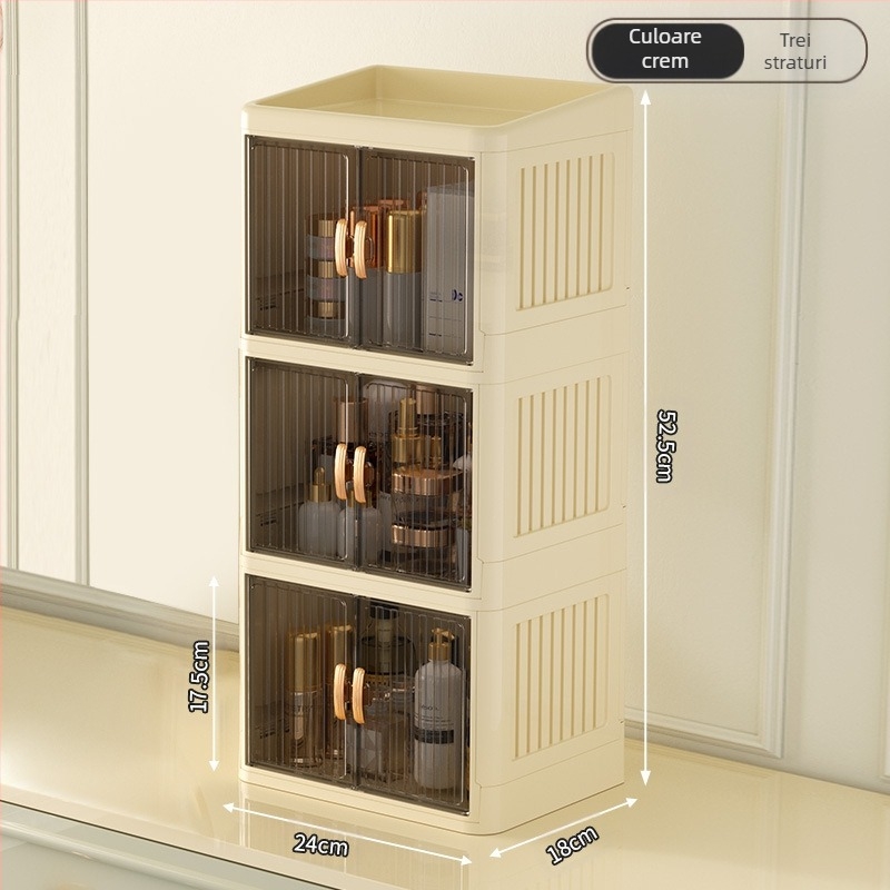 Cutie de depozitare pentru cosmetice pliabilă cu ușă dublă, albă, cutie de depozitare multistrat pentru papetărie, raft de depozitare pentru produse de îngrijire a pielii de uz casnic, rezistentă la praf