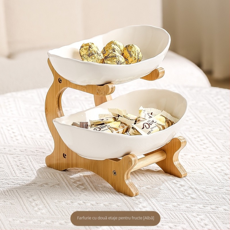 Farfurie ceramică cu fructe multistrat din bambus, pentru sufragerie, pentru uz casnic, cu fructe uscate, 2024, nouă farfurie creativă cu gustări duble