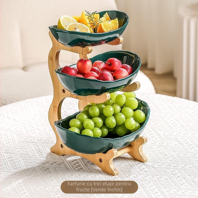 Farfurie ceramică cu fructe multistrat din bambus, pentru sufragerie, pentru uz casnic, cu fructe uscate, 2024, nouă farfurie creativă cu gustări duble