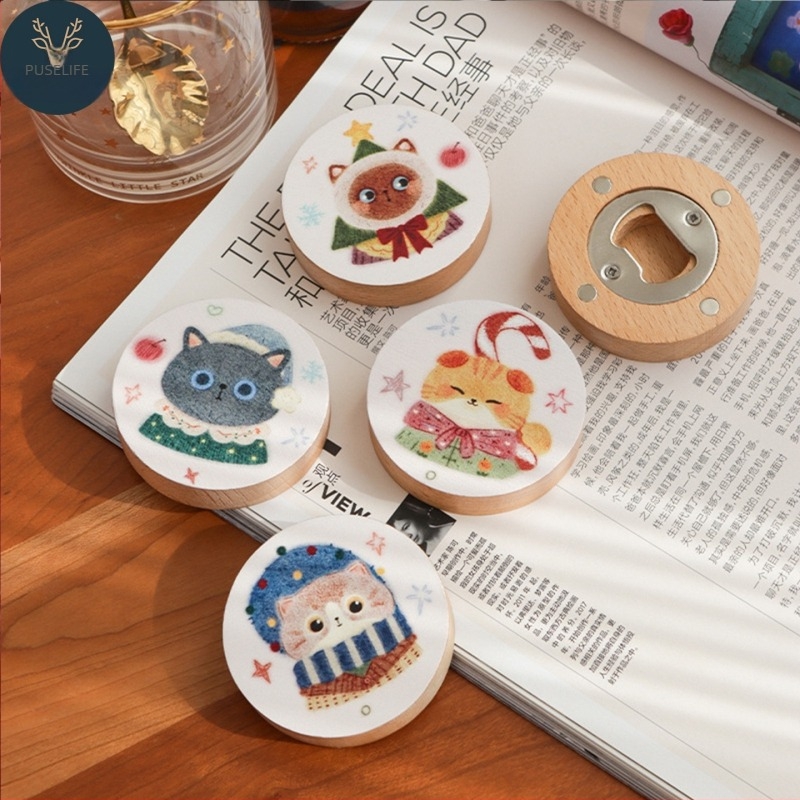 Deschizător de sticle din lemn masiv, pisică de Crăciun creativă, deschizător de sticle de bere, autocolant magnetic pentru frigider, multifuncțional