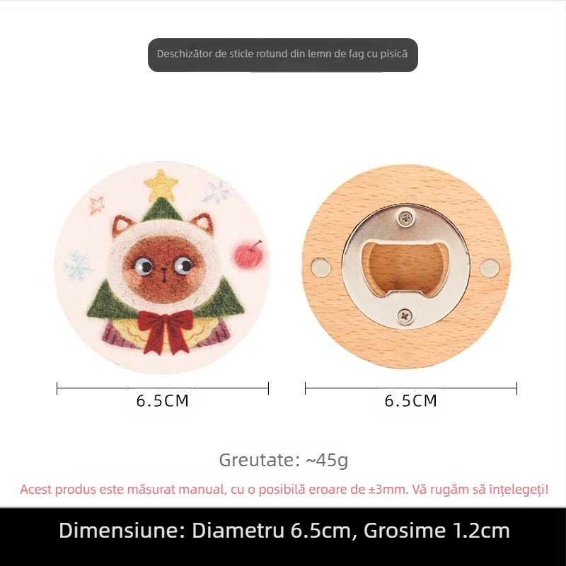 Deschizător de sticle din lemn masiv, pisică de Crăciun creativă, deschizător de sticle de bere, autocolant magnetic pentru frigider, multifuncțional