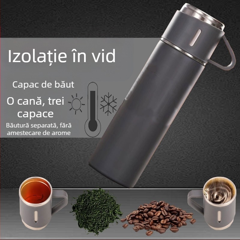 Nou termos din oțel inoxidabil 304, ceașcă de ceai, o cană, trei capace, cutie cadou de afaceri, potrivită pentru exterior, cană de apă, cadou de activitate