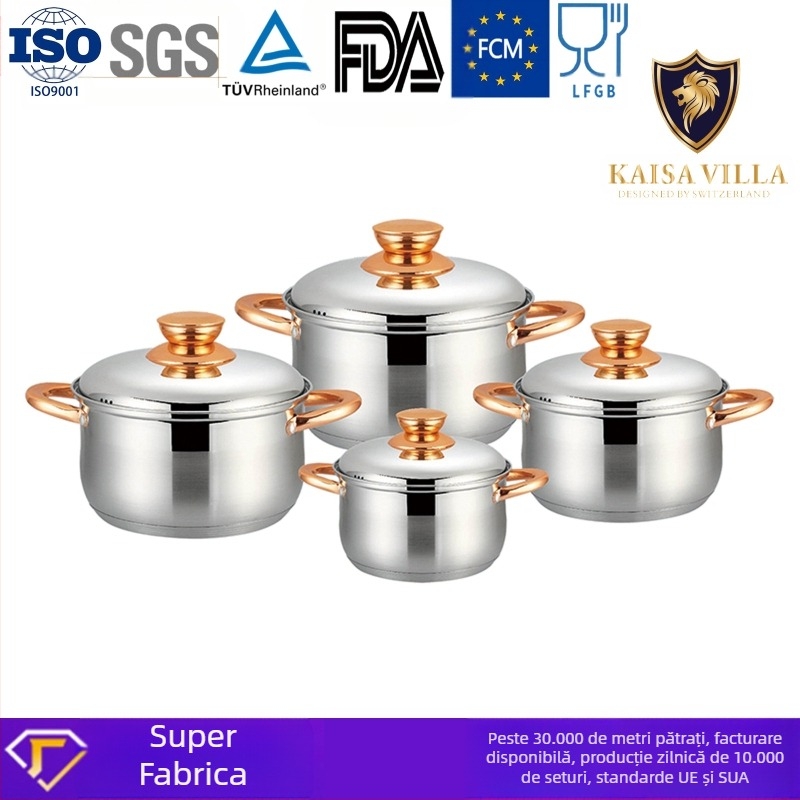 Set de oale din oțel inoxidabil 201 de calitate alimentară cu fund îngroșat cu 5 straturi, oală pentru supă cu mâner dublu, oală pentru tocană cu capac din oțel Kv-1086, en-gros de la producător