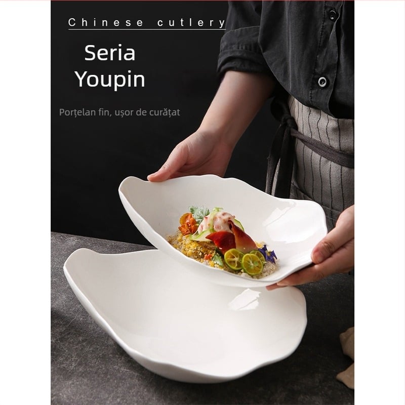 Simplu și de înaltă clasă, în formă de alb, farfurie pentru mâncăruri reci, Hotel Restaurant, personalitate, neregulat, ceramică, bol lung, restaurant, tacâmuri