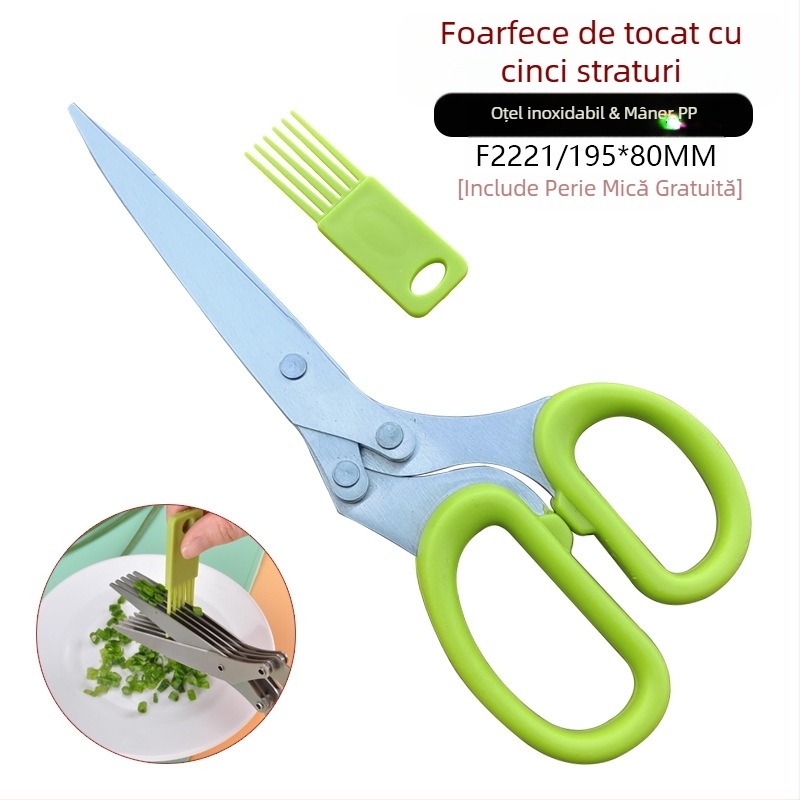 Foarfece de bucătărie multifuncționale Feibao din oțel inoxidabil cu cinci straturi pentru ceapă verde, foarfece de bucătărie multifuncționale pentru inel de chili, foarfece de hârtie mărunțită multistrat pentru birou