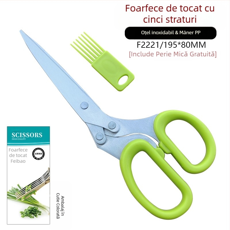 Foarfece de bucătărie multifuncționale Feibao din oțel inoxidabil cu cinci straturi pentru ceapă verde, foarfece de bucătărie multifuncționale pentru inel de chili, foarfece de hârtie mărunțită multistrat pentru birou