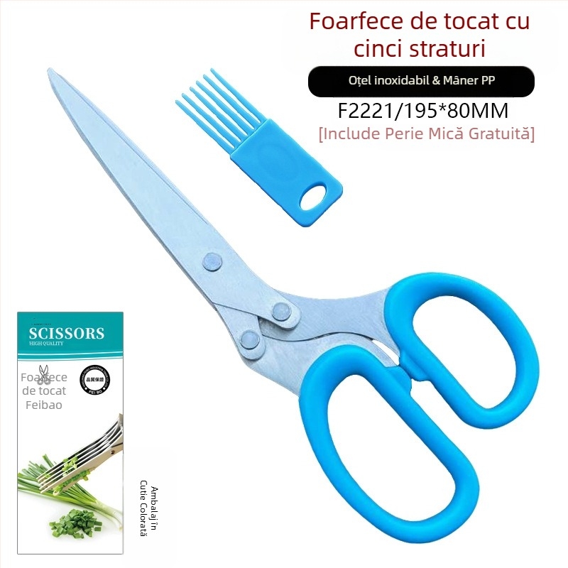 Foarfece de bucătărie multifuncționale Feibao din oțel inoxidabil cu cinci straturi pentru ceapă verde, foarfece de bucătărie multifuncționale pentru inel de chili, foarfece de hârtie mărunțită multistrat pentru birou