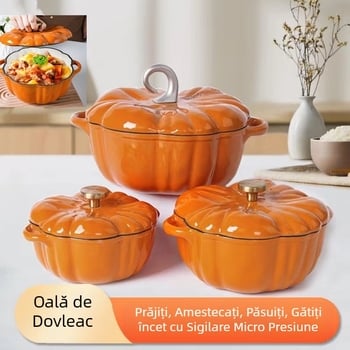 Oală emailată în formă de dovleac, oală emailată, supă, tocană de carne, oală multifuncțională de uz casnic, oală emailată universală pentru aragaz cu inducție