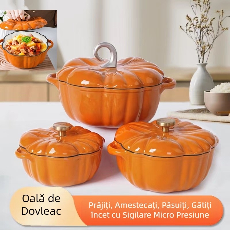 Oală emailată în formă de dovleac, oală emailată, supă, tocană de carne, oală multifuncțională de uz casnic, oală emailată universală pentru aragaz cu inducție