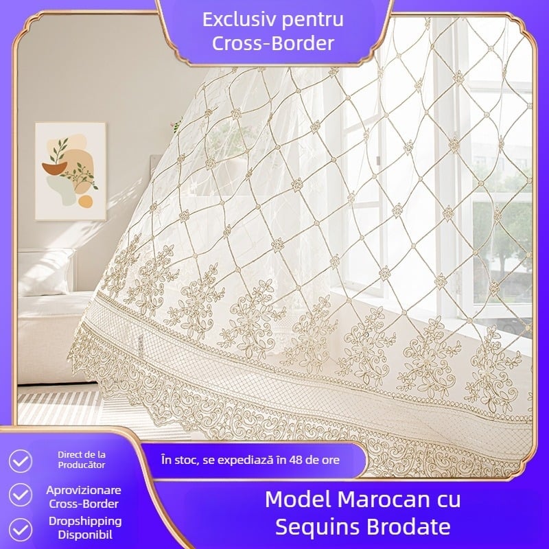Finisat în stoc Cortina de tifon brodată transfrontalieră în stil american european Cortina transparentă de tifon Gazduire Amazon Cortina marocană