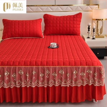 Set de trei piese cu fustă de pat matlasată roșie Qingda, culoare solidă, o singură piesă, cearșaf de pat antiderapant, cuvertură de pat dublă, culoare roșie, Qingda, cuvertură de pat