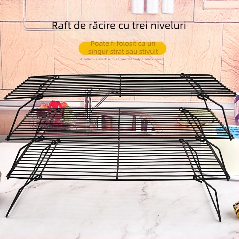 3 straturi pliabile pentru copt, raft de răcire pentru tort, raft de răcire pentru pâine, raft de uscare a fursecurilor, grilă neagră antiaderentă pentru coacere