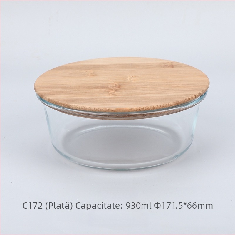 Cutie de prânz din sticlă cu capac din lemn de bambus, en-gros, cutie pentru păstrarea prospețimii, sticlă rezistentă la căldură, cutie de prânz japoneză cu borosilicat ridicat, cuptor cu microunde