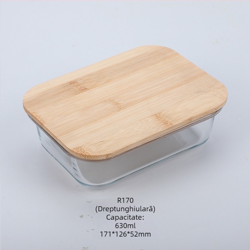 Cutie de prânz din sticlă cu capac din lemn de bambus, en-gros, cutie pentru păstrarea prospețimii, sticlă rezistentă la căldură, cutie de prânz japoneză cu borosilicat ridicat, cuptor cu microunde