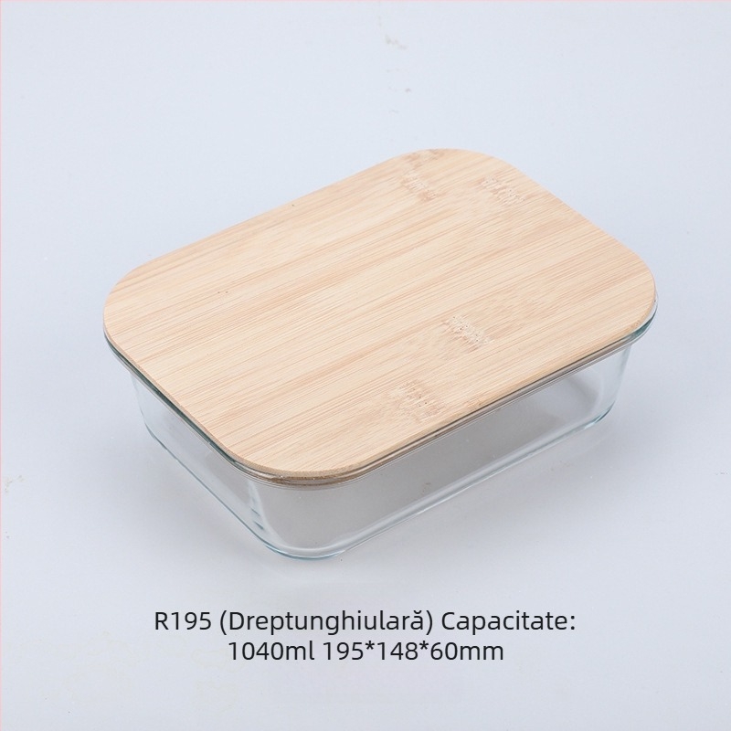 Cutie de prânz din sticlă cu capac din lemn de bambus, en-gros, cutie pentru păstrarea prospețimii, sticlă rezistentă la căldură, cutie de prânz japoneză cu borosilicat ridicat, cuptor cu microunde
