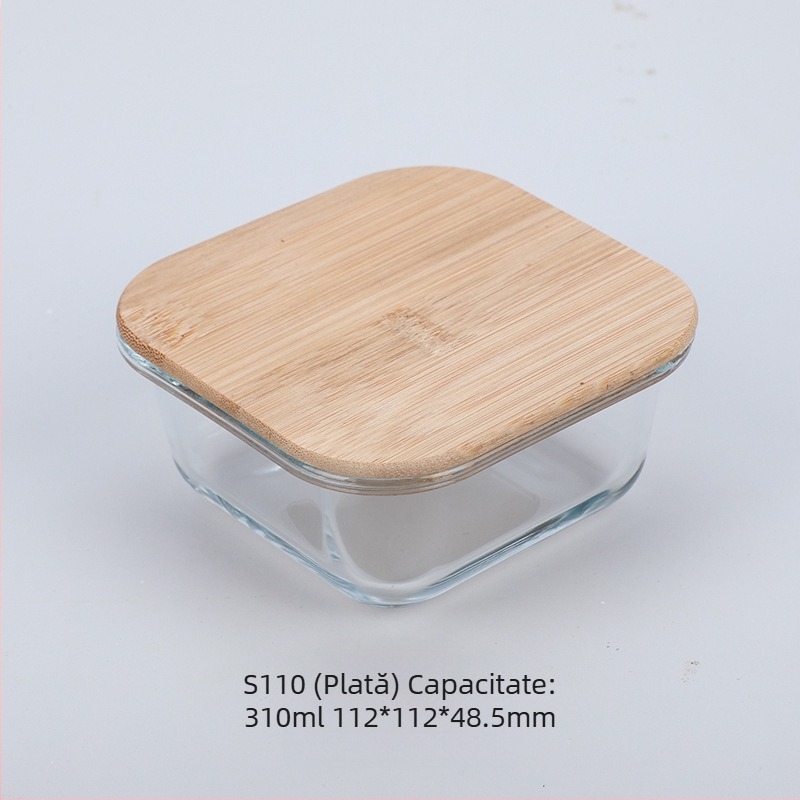Cutie de prânz din sticlă cu capac din lemn de bambus, en-gros, cutie pentru păstrarea prospețimii, sticlă rezistentă la căldură, cutie de prânz japoneză cu borosilicat ridicat, cuptor cu microunde