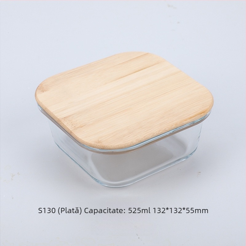 Cutie de prânz din sticlă cu capac din lemn de bambus, en-gros, cutie pentru păstrarea prospețimii, sticlă rezistentă la căldură, cutie de prânz japoneză cu borosilicat ridicat, cuptor cu microunde