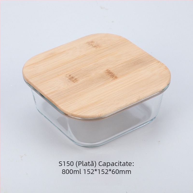 Cutie de prânz din sticlă cu capac din lemn de bambus, en-gros, cutie pentru păstrarea prospețimii, sticlă rezistentă la căldură, cutie de prânz japoneză cu borosilicat ridicat, cuptor cu microunde