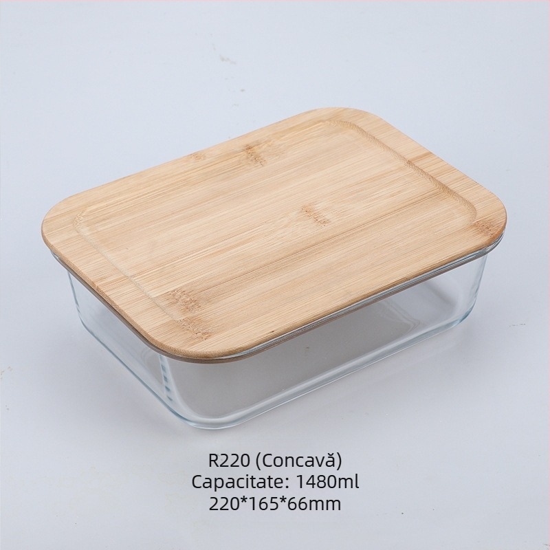 Cutie de prânz din sticlă cu capac din lemn de bambus, en-gros, cutie pentru păstrarea prospețimii, sticlă rezistentă la căldură, cutie de prânz japoneză cu borosilicat ridicat, cuptor cu microunde