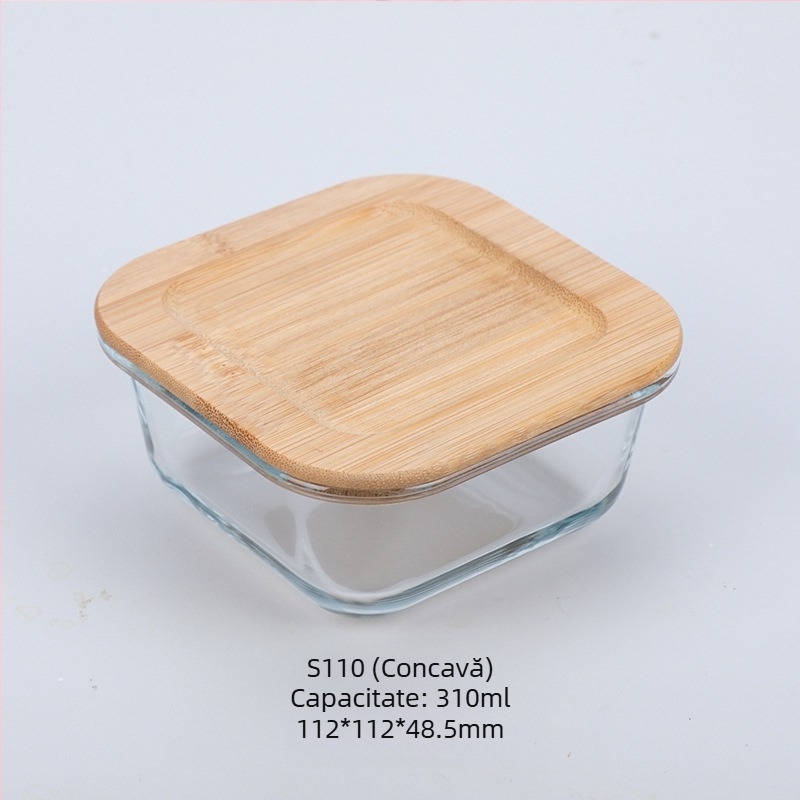 Cutie de prânz din sticlă cu capac din lemn de bambus, en-gros, cutie pentru păstrarea prospețimii, sticlă rezistentă la căldură, cutie de prânz japoneză cu borosilicat ridicat, cuptor cu microunde
